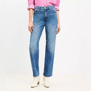 LOFT Pearl High Rise Straight Jeans in Authentic Vintage Mid Wash Embellished